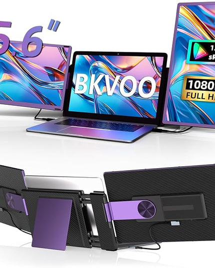 BKVOO 15.6" Laptop Screen Extender Monitor - Detachable Triple Monitor FHD 1080P IPS 120% sRGB 235° Rotation Travel Extra Screen Compatible with Wins Mac Chrome Dex Fits 13-17" Laptop