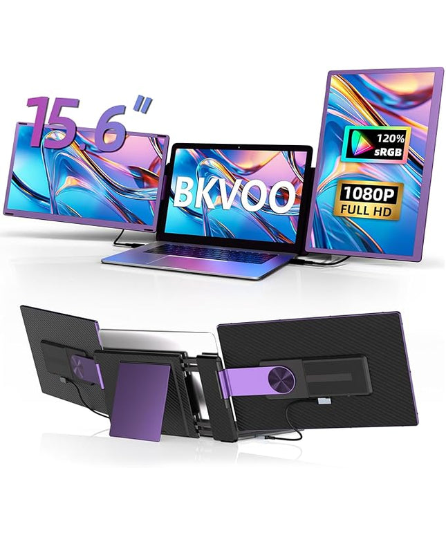 BKVOO 15.6" Laptop Screen Extender Monitor - Detachable Triple Monitor FHD 1080P IPS 120% sRGB 235° Rotation Travel Extra Screen Compatible with Wins Mac Chrome Dex Fits 13-17" Laptop