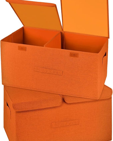 2 Pack Storage Boxes with Lids and Handles, Collapsible Linen Storage Bins Organizer Containers Baskets Cube with Removable Divider for Home Bedroom Closet Office (Orange, Large)