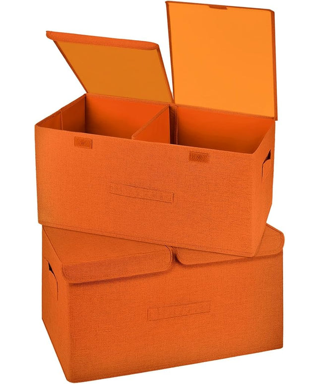 2 Pack Storage Boxes with Lids and Handles, Collapsible Linen Storage Bins Organizer Containers Baskets Cube with Removable Divider for Home Bedroom Closet Office (Orange, Large)