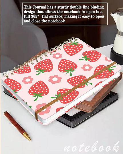 Spiral Journal Notebook for Women, Hardcover A5 College Ruled Notebook, 120 Pages, Thick Paper, Cute Lined Journal for School, Office & Work, 6 x 8.4 in(Pink Strawberry Flower)