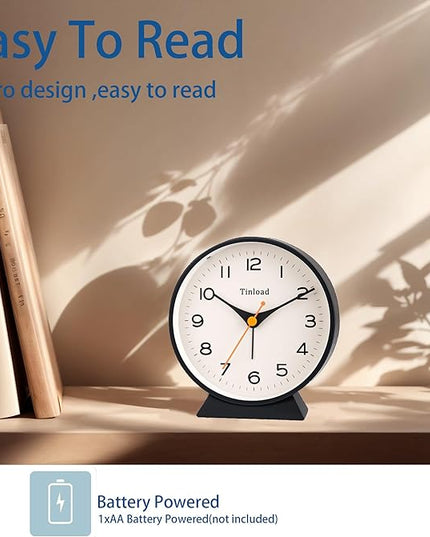 Tinload 4.5" Battery Operated Retro Analog Alarm Clock, Small Silent Bedside Desk Clock,Lighted on Demand, Battery Operated, Snooze, for Living Room, Bedroom, Bedside, Desk(Black)