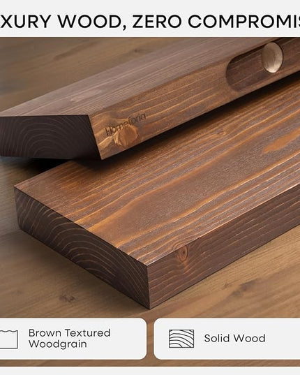 Homeforia Classic Walnut 60 inch Floating Shelf, High End Solid Real Wood Small 60inch Floating Shelves for Wall Mounted, 60in Floating Shelves, Heavy Duty Bracket, 60 X 6.5 X 1.75 inches, Set of 3
