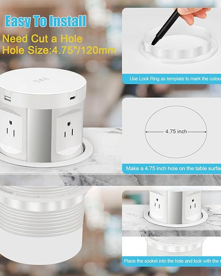 Automatic Pop up Outlet, Wireless Charger Power Strip Surge Protector Recessed Outlet, 4 AC Plug + Type-A and Type-C USB Port Outlets for Countertop Kitchen Island Conference Workbench, ETL Listed