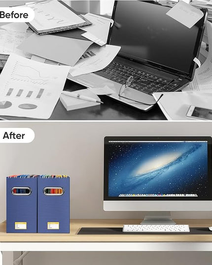 BALEINE File Organizer Box, Cardboard File Folder Organizer with Handle for Letter Size, Portable Collapsible Hanging Filing Box for Home Office Document Storage (4 Pack, Navy)