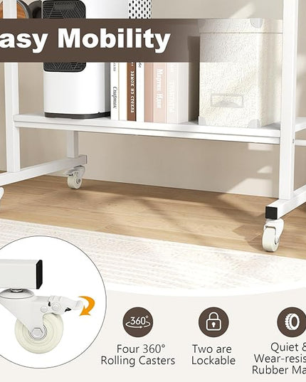 Tangkula Rolling Computer Desk Cart with Keyboard Tray, Mobile Portable Laptop PC Desk with CPU Stand & 3 Hooks for Sofa & Bed, Industrial Small Desk on Wheels for Small Spaces (White)