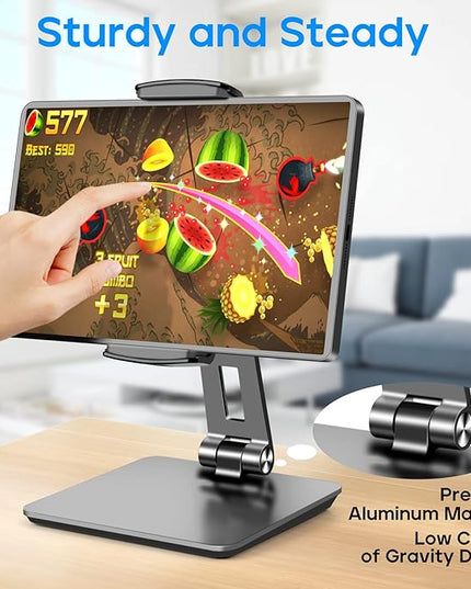 ROADOM Tablet Stand, Adjustable 360° Swivel Bracket, 180° Tiltable Clamp,Foldable Tablet Holder for 4.7-17.3'' iPhone/iPad/Tablet/Portable Monitor, Aluminum Alloy, Black