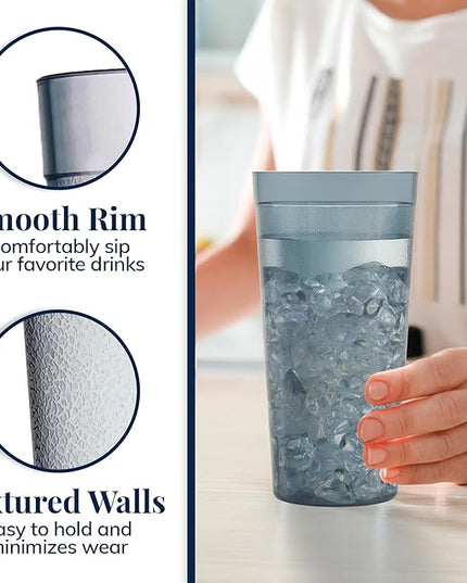 US Acrylic Cafe Plastic Reusable Tumblers (Set of 16) 20-ounce Water Cups in Grey | Value Set of Restaurant Style Drinking Glasses, Stackable, BPA-free, Made in the USA | Top-rack Dishwasher Safe