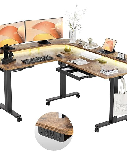 Claiks 63" L Shaped Standing Desk with Drawers and LED Lights, Height Adjustable Electric Corner Standing Desk with Monitor Stand & Power Outlet, 4 Memory Preset, Rustic Brown