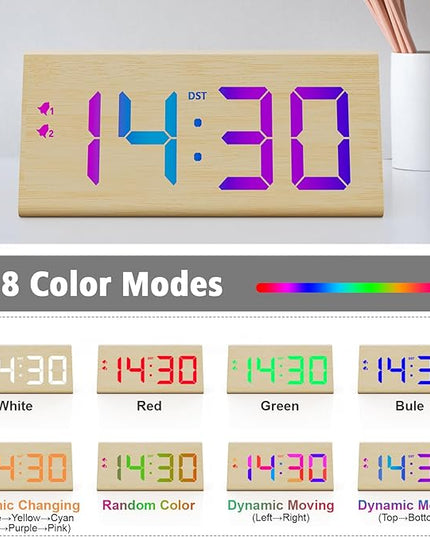 Wooden Digital Alarm Clock with Dual USB Charging Ports, DST, Dimmable, Snooze, RGB Colors, Modern Large Time Display LED Clock for Kids Bedrooms, Living Room, Desk,Table, Bedside,Nightstand (Bamboo)