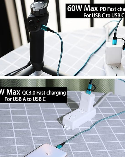 USB C to C Cable, 60W 3 Pack Fast Charging Cords 6ft QC & PD 2-in-1 USB-A/C to Type C Charger Cord Compatible with Samsung Galaxy S21 S10 S9 Note20, MacBook Pro 2020/2019