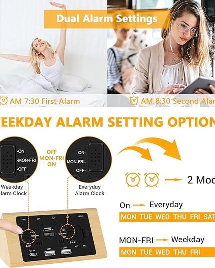 Kogonee Wooden Digital Alarm Clock, 0-100% Dimmer, 2 Alarm Settings, Weekday/Everyday Mode, 9 Mins Snooze, 12/24H, Temperature and Date Display for Office, Travel, Bedroom Alarm Clock (Bamboo)