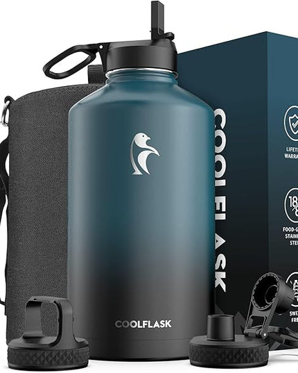 Coolflask 128 oz Gallon Water Bottle Insulated with Straw&3 Lids, Water Jug Large Stainless Steel Metal Vacuum Wide Mouth for Sports, Gym or Office, Non-BPA Keep Cold 48H Hot 24H, Samurai Cyan