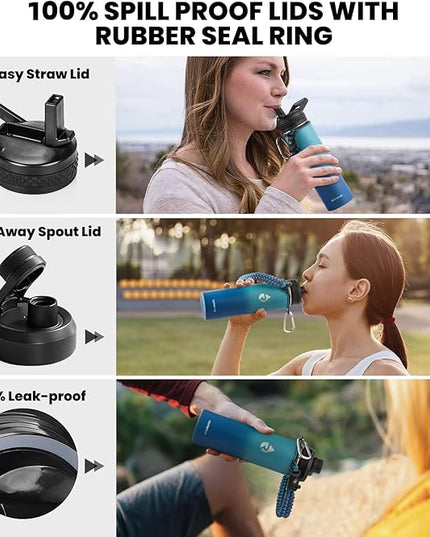 Insulated Water Bottle 20 oz, Triple Wall Vacuum Stainless Steel (Cold for 48 Hrs), Leak Proof & Non-BPA, Kids Water Bottle Jug for School with Straw Spout Lids, Cyan Blue