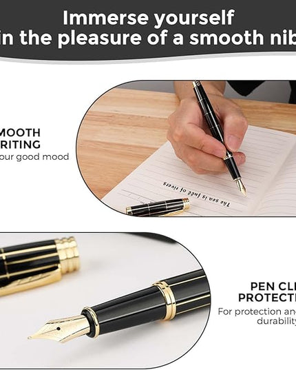 Tiankool Luxury Fountain Pen,Fine Nib, Exquisite Pen Gift Set for Men&Women-Includes 10 Ink Cartridges&Ink Converter- Nice Pens - Black - Gold Plaid