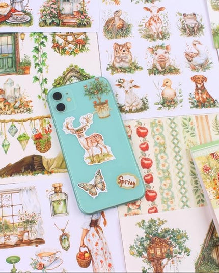 Dwpetzo Spring Cottage Scenery Scrapbook Stickers, 20 Sheets A5 Pre-Cut PET Washi Stickers Book for Journaling, Junk Journal Supplies, Bujo, Collage, Crafts Arts