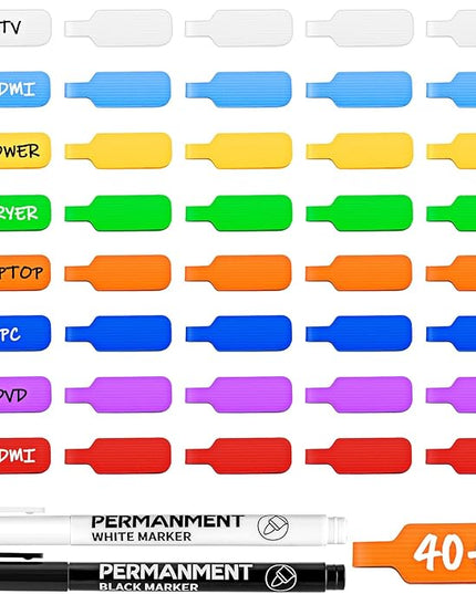 40 Pcs Cable Labels with 2 Colors Fine Point Marker, for Organizing Wires and Identification, Multicolored Handwriting Cord Labels, Reusable with Multiple Uses - Large Size