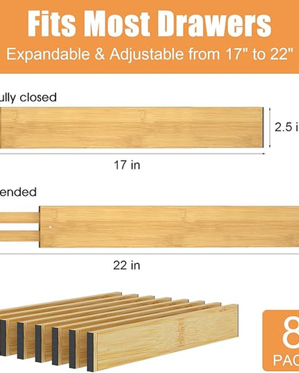 Bamboo Drawer Dividers,17-22" Adjustable Kitchen Drawer Organizer for Clothes,8 Pack Expandable Drawer Organization Separators for Bedroom,Bathroom,Dresser and Office,Natural