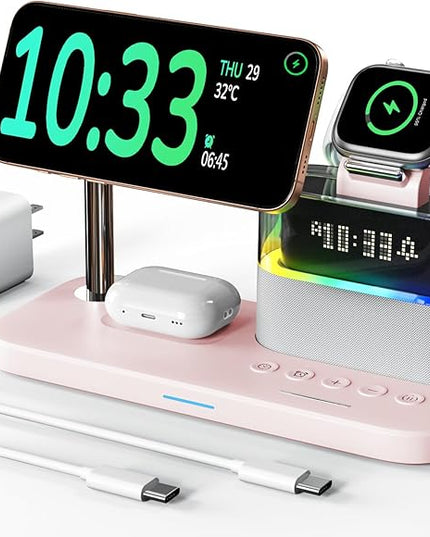 5 in 1 Wireless Charging Station,Alarm Clock with Night Light Magnetic Multiple Charger for iPhone 17/16/15/14/13/12 Pro Max,Apple Watch Series Air-Pods,Bedroom Charging Stand