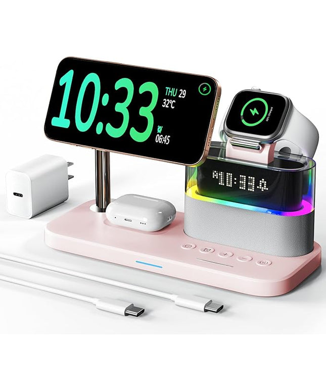5 in 1 Wireless Charging Station,Alarm Clock with Night Light Magnetic Multiple Charger for iPhone 17/16/15/14/13/12 Pro Max,Apple Watch Series Air-Pods,Bedroom Charging Stand