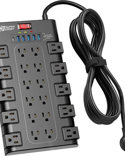 Power Strip Surge Protector, SUPERDANNY 15Ft Long Extension Cord with 6 USB Charging Ports and 22 AC Outlets, 1875W/15A, 2100 Joules, Flat Plug Power Outlet for Home, Office, Dorm, Gaming Room, Black