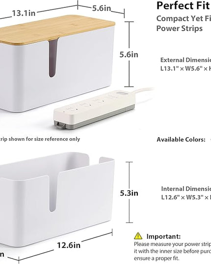 ZhiYo Bamboo Lid Cord Organizer Box, Safe ABS Cable Management Box for TV and Computer, Wood Cover Cord Hider to Hide Wires, Router, USB Hub & Under Desk Power Strip, 1 Pack L13.1 xW5.6 xH5.6 White