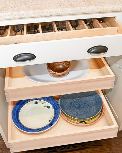 Mulush 28”W x 21”D x 3”H Soft Close Slide Out Wood Drawer Organizer for Kitchen, (Cabinet Opening>29.5 inches for Bottom Assembly, Width= 29 inches for Side Assembly)