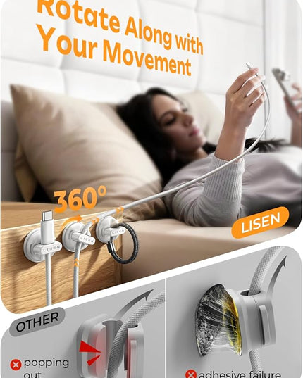 6-Pack Rotatable Cord Holder for Nightstand, LISEN 360°Rotating Magnetic Clips, No-Residue Adhesive Cable Management Clips Neatly for Nightstand, Desk, Home, Office, Car, Cubicle Accessories, White