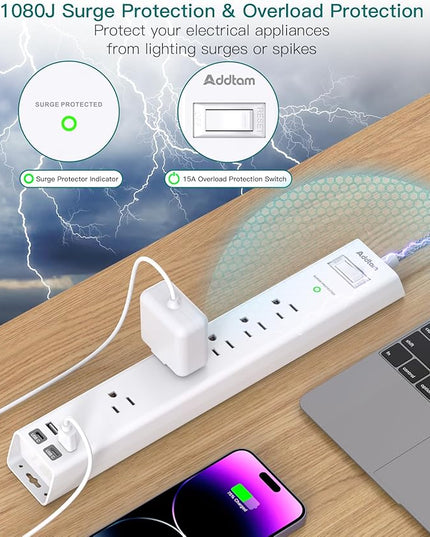 10Ft Surge Protector Power Strip - Long Extension Cord, Addtam 5 Widely Outlets 4 USB Ports, Flat Plug, Multi Plug Outlet Extender, Desk Charging Station for Home Office College Dorm Room Essentials
