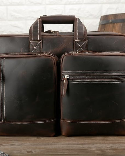 Leather Briefcase for Men Expandable Large 17 Inch Laptop Crossbody Shoulder Bag Business Travel Duffel Attache Case