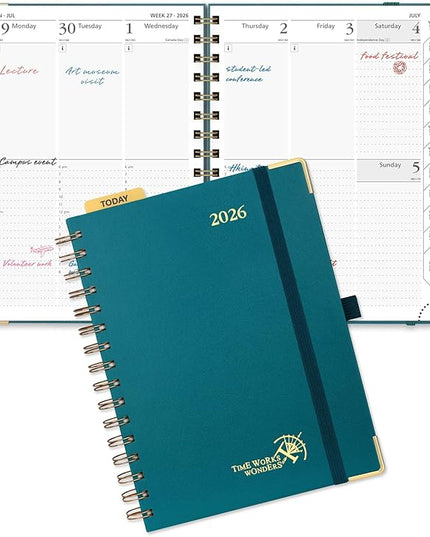POPRUN 2026 Planner (Medium Size 8.5'' x 6.25'' Wire-Bound Hard Cover) Daily Weekly and Monthly Calendar - Agenda 2026 (Jan.2026-Dec.2026) with Hourly Schedule, Monthly Tabs - Pacific Green