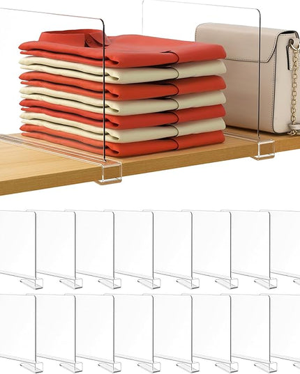 HBlife 16 Pack Clear Shelf Dividers, Vertical Purse Organizer for Closet Perfect for Sweater, Shirts, Handbags in Bedroom and Kitchen, Adjustable Acrylic Bookshelf for Organization