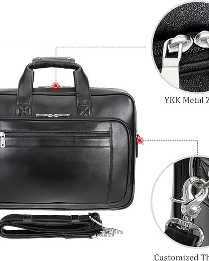 compalo Men's Solid Thick Full Grain Leather 17.3" Laptop Briefcase Classic Messenger Bag Fit Business Travel | Solid, Thick, Full Grain Leather, 17.3", Classic, Fit, Business Travel