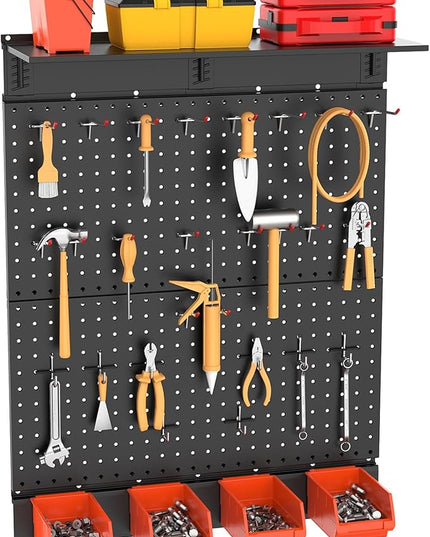 TORACK Garage Metal Pegboard with Accessories, Tools Organizer Peg Board with Pegboard Hooks, Wall Mounted Bins, Tool Storage Pegboards for Wall(Black)