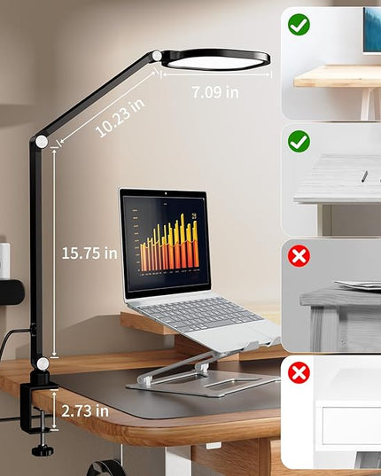 2 Packs Led Desk Lamps for Home Office, 1200LM Dimmable Clamp-on Desktop Light, Adjustable Swing Arm Ring Light with Stand, Memory & Timer Function, Eye-Caring Design