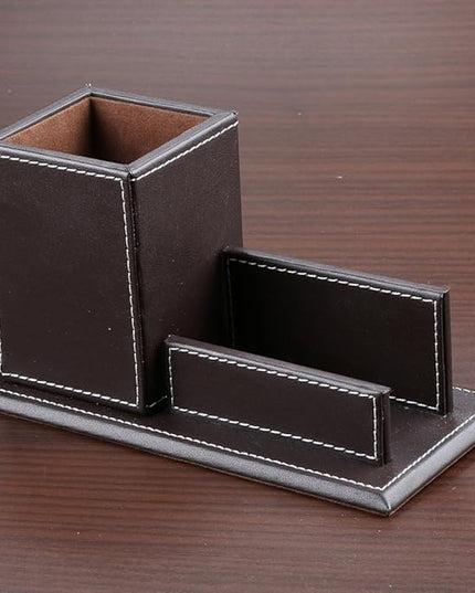 KINGFOM PU Leather Desk Organizer and Accessories, Pencil Holder for Desk with Business Cards Stand, School Office Supplies Collection Caddy Brown