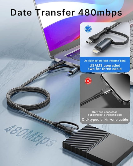 XUDUO 4-in-1 USB C Cable Lightning Cable 60W [Fast Charging & Data Sync] 6FT Multi Charger Cable Charging Cord Lightning/Type C/USB A Ports for iPhone 17 16/15/15 Pro/15 Plus/15 14 Pro Max