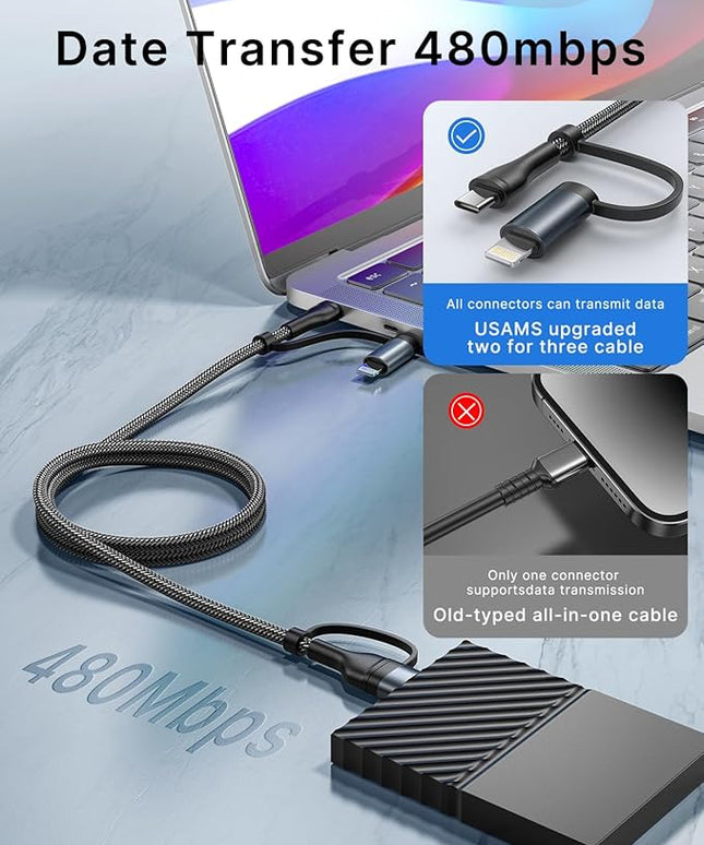 XUDUO 4-in-1 USB C Cable Lightning Cable 60W [Fast Charging & Data Sync] 6FT Multi Charger Cable Charging Cord Lightning/Type C/USB A Ports for iPhone 17 16/15/15 Pro/15 Plus/15 14 Pro Max