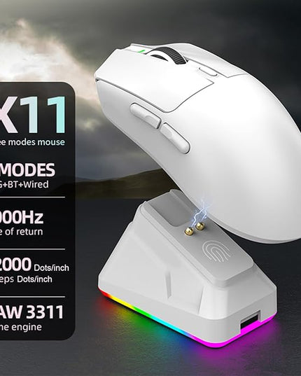 Lightweight Gaming Mouse, RGB Light 3 Mode Connection with 6 Adjustable DPI 800 12000, 7 Customizable Buttons, with Magnetic Charging Base (White)