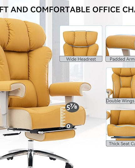 Efomao Big and Tall Green Office Chair 450LBS – Ergonomic High-Back Executive Chair with Footrest, Adjustable Padded Armrests, PU Leather Computer Chair with Lumbar Support for Home or Office, Yellow