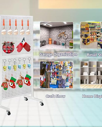 2'x 5' Standing Pegboard Display with T-Base, Pegboard Display Stand with Wheels, Metal Peg Board Display Rack, Art Display Stand, Extra 10 Pieces Hooks - White
