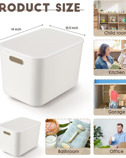 Tuanse 8 Pieces White Plastic Storage Bins with Lids, Stackable Storage baskets with Handle Containers Box for Shelves Drawers Desktop Playroom Classroom Office Organization(14 x 10.5 x 9.6 Inches)