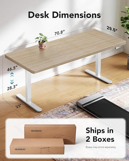 HUANUO 71 x 30 inch Electric Standing Desk, Powerful Brushless Motor Large Height Adjustable Table, 4 Memory Preset Sit Stand Up Desk, Home Office Computer Table with Thick T-Shaped Frame, Natural