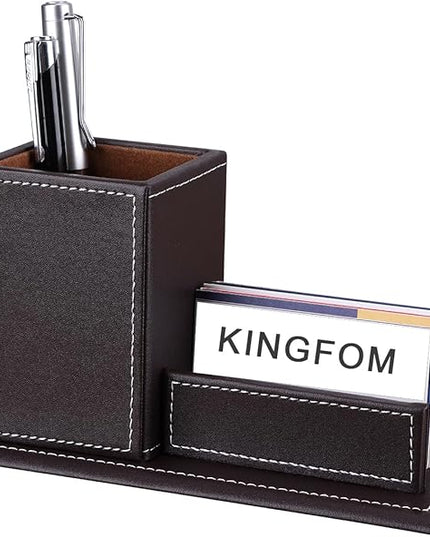 KINGFOM PU Leather Desk Organizer and Accessories, Pencil Holder for Desk with Business Cards Stand, School Office Supplies Collection Caddy Brown