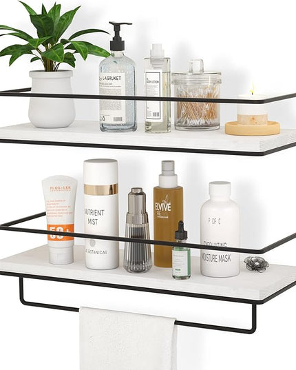 ZGO Floating Shelves for Wall Set of 2, Wall Mounted Storage Shelves with Black Metal Frame and Towel Rack for Bathroom, Bedroom, Living Room, Kitchen, Office (White)