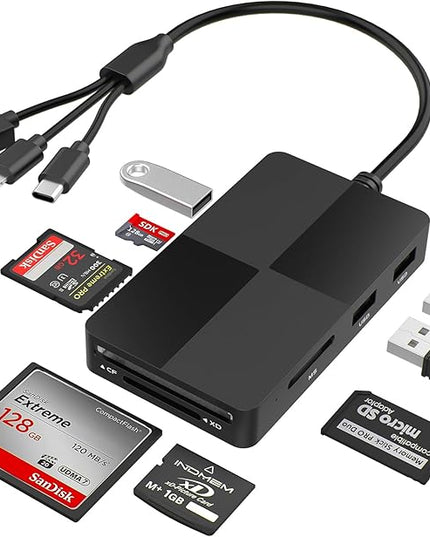 8-in-1 Memory Card Reader with 3 USB Ports, Lightning/USB-C/USB-A Adapter for iPhone/Android/PC/Mac, Supports SD/TF/MS/CF/XD Card & OTG for Photo/Video Transfer
