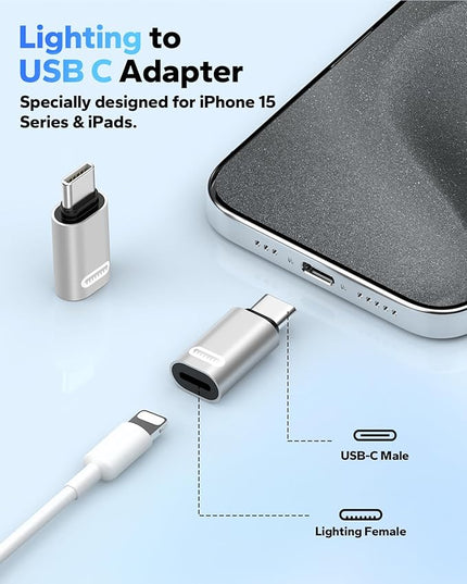 MoKo Lightning to USB C Adapter for iPhone 17 Air 16 15 Pro Max Plus, Galaxy S25 S24 S23, iPad Pro/Air, 2 Pack USB-C to Lightning Adapter for Fast Charging/Data Transfer, Not for Audio/OTG, Silver PD