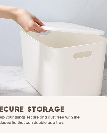 Tuanse 8 Pieces White Plastic Storage Bins with Lids, Stackable Storage baskets with Handle Containers Box for Shelves Drawers Desktop Playroom Classroom Office Organization(14 x 10.5 x 9.6 Inches)