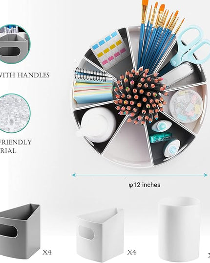 MeCids 360 Rotating Storage Organizer Desk Organizers Pen Holder– 12” Lazy Susan Style Caddy with Removable Bins, for Home Office Supplies, Art Supplies, Make-up & Kitchen Use, with Card & Gift Box