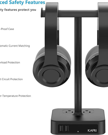 KAFRI Dual Headphone Stand with USB Charger Desk Gaming Double Headset Holder Hanger Rack with 2 USB Charging Port and 2 Outlet - Suitable for Gamer Desktop Table Game Earphone Accessories Gift